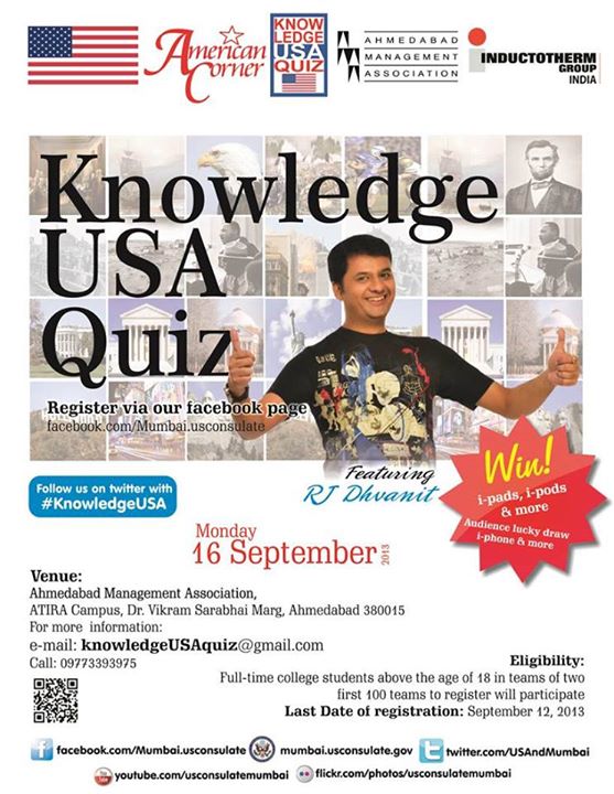 Happy to be associated with the US Consulate. Check out their FB page and you can register for the quiz.

https://www.facebook.com/Mumbai.usconsulate