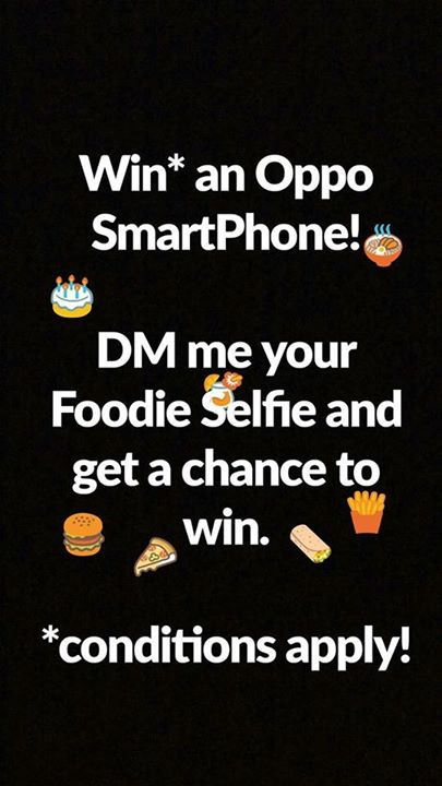 Win* an Oppo Smartphone!

Theme for this week: '#Foodie Selfie'

Send me your Food 🍲wali #selfie as a message here or mail it to dhvanit@radiomirchi.com and get a chance to win a smartphone in #opposelfieshukravaar

*conditions apply!

#opposelfieexpert #opposmartphones #food