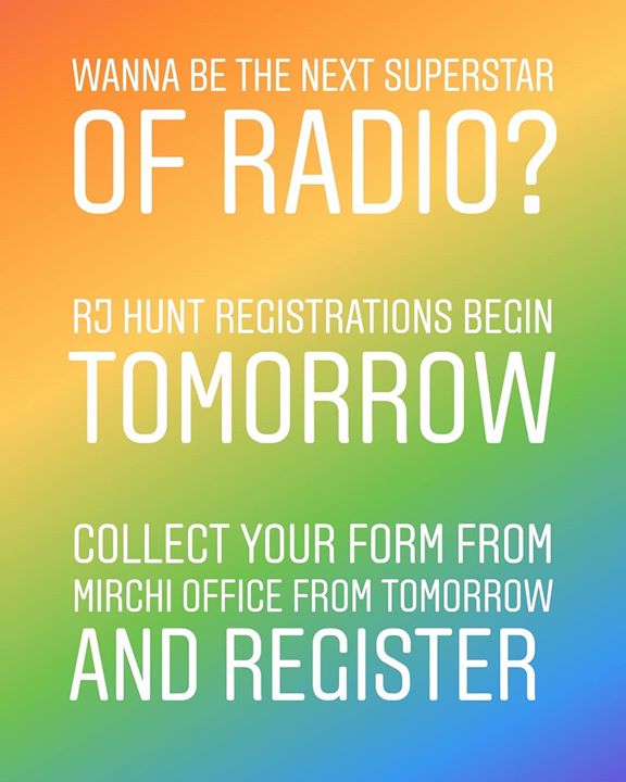 Wanna be the next #superstar of #radio?
Rj hunt registrations begin from tomorrow. Collect your forms from mirchi office tomorrow and register!

#rjhunt #rj #radiojockey #ahmedabad #mirchirjhunt