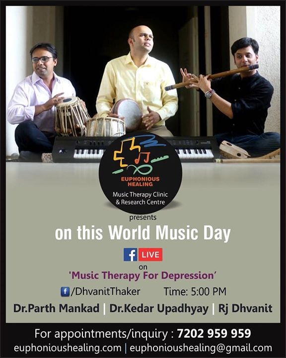 “Music Therapy for depression” FB and Insta live today at 5 pm on World Music Day!

#music #musical #musictherapy #therapy #musicheals #healing #fblive #facebooklive #instalive Kedar Upadhyay Dr Parth Mankad