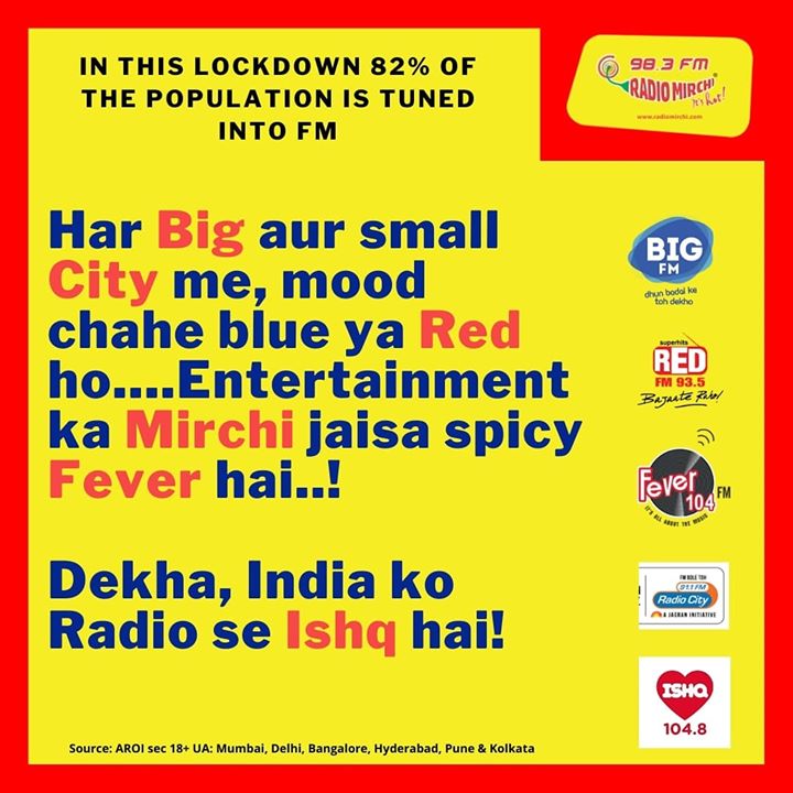 Jab saare radio stations ho always on, toh sunne waale honge always khush! A staggering 82% of the population is tuned into FM Radios during this lockdown!

#radiomirchi #mirchilove #bigfm #radiocity #redfm #mirchigujarati #feverfm #ishqfm #LockDown #Quarantine #stayhome #staysafe