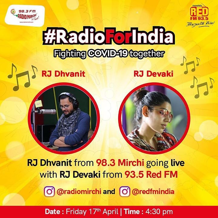 #Dhvanit #Devaki

In the fight against corona 

We stand together.

Radio Mirchi
Red FM

#RadioForIndia