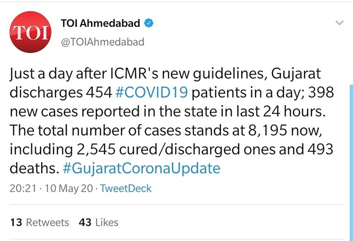 Just a day after ICMR's new guidelines, Gujarat discharges 454 #COVID19 patients in a day; 398 new cases reported in the state in last 24 hours. 

The total number of cases stands at 8,195 now, including 2,545 cured/discharged ones and 493 deaths.

#gujaratcoronaupdate #gujaratfightscovid19 #indiafightscorona