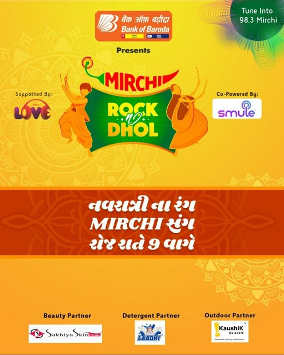 Tune in to Mirchi 98.3 everyday at 9 PM!

Mirchi Rock N Dhol Presented by Bank of Baroda
In association with : Laadki Detergent
Sakhiya Skin Clinic

 #rjdhvanit #dhvanit #rockndhol  #RadioMirchi #MirchiGujarati #gujarat #garba #raas #ahmedabad #surat #baroda #rajkot #vadodara