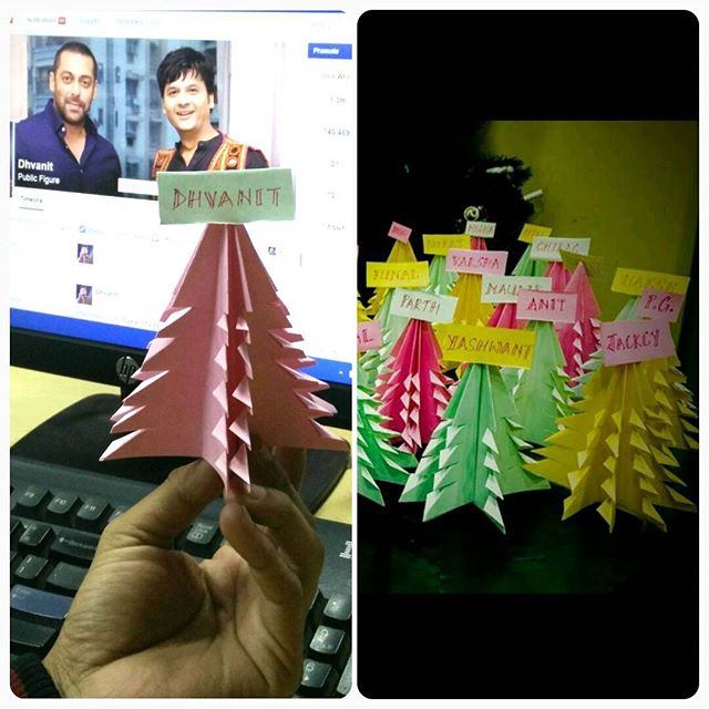 Chritsmas tree name tags at #mirchi office!! #christmastree #xmas #xmas2015 #christmas2015 #christmas2k15 #colors #officefun #christmasishere #santa #secretsanta #christmas