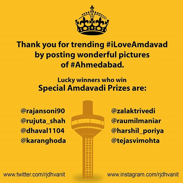 Thank you for the overwhelming response and trending #iLoveAmdavad hashtag by posting wonderful pictures of our city #amdavad. 
Lucky winners who win special Amdavadi Prizes are: @rajansoni90, @rujuta__shah, @dhaval1104, @karanghoda, @zalaktrivedi, @raumilmaniar, @harshil_poriya and @tejasvimohta 
Congratulations! Winners pls mail your contact details to dhvanit@radiomirchi.com or inbox it as a message on my Facebook Page: www.facebook.com/dhvanitthaker