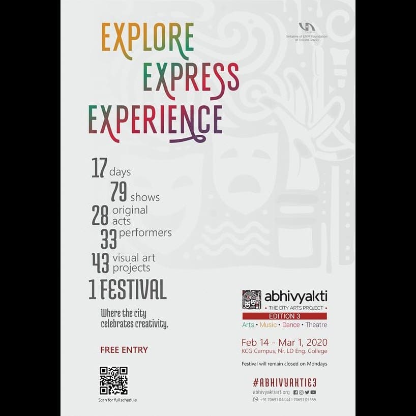 Happy to welcome the Third Edition of Abhivyakti Festival! 
Amdavad will celebrate creativity for 17 Days at one platform. 
Best wishes to all the 33 artists and 79 shows at KCG Campus, Near LD Engg College.

@abhivyakti_city_art