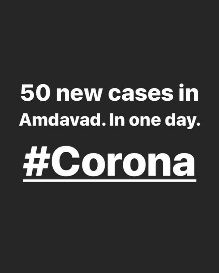 50 New cases in Amdavad! In one day 50! Take care!

@cmogujarat @vijayrupanibjp @nitinbhaipatelbjp @bijalpatel @amulbhattbjp @pradipsinhguj @amdavadamc @gujaratpolice_ @ahmedabadpolice
#Indiafightscorona #stayhome #staysafe #coronavirus #Covid_19 #rjdhvanit #VijayNehra #ShivanandJha #AshishBhatia #lockdown #quarantine