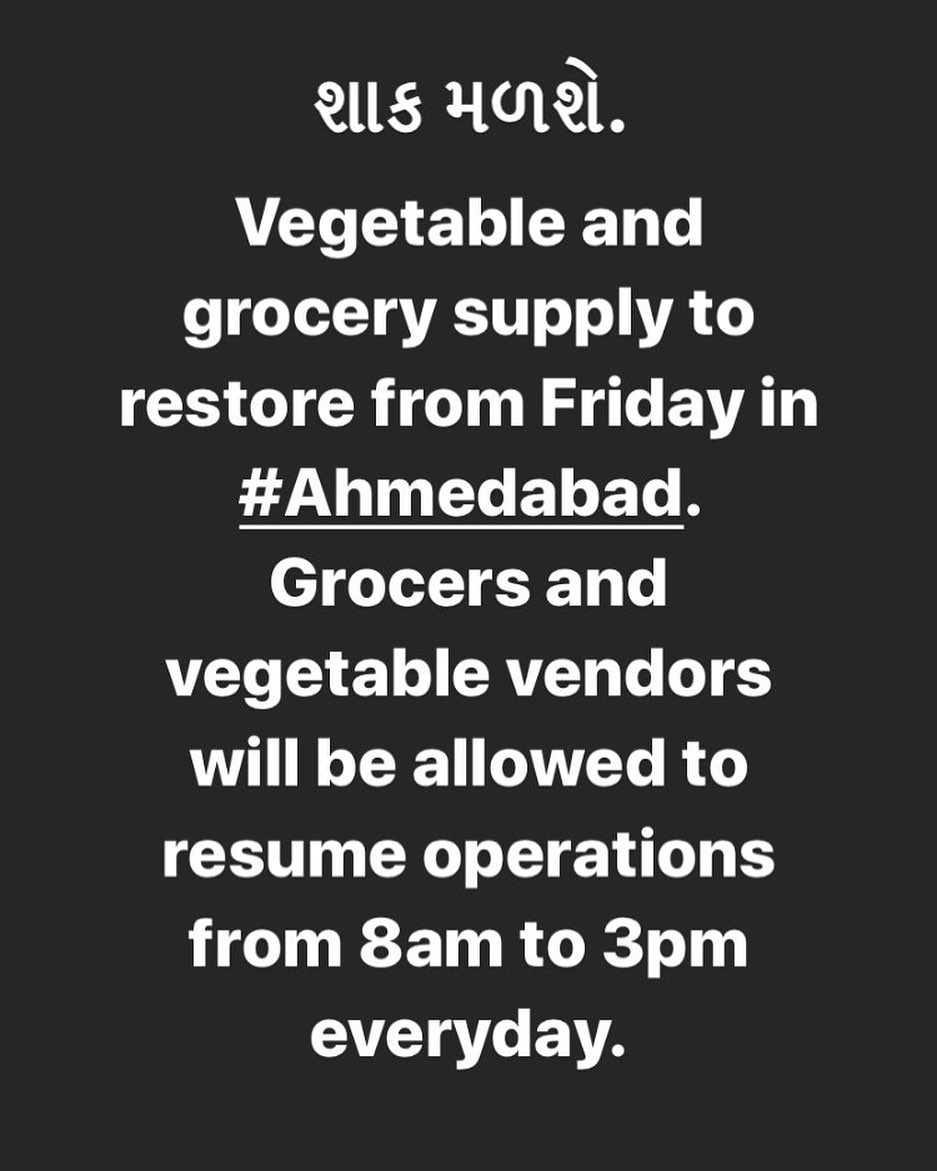 શાક મળશે શુક્રવારથી. Vegetable and grocery supply to restore from Friday in #Ahmedabad. Grocers and vegetable vendors will be allowed to resume operations from 8am to 3pm everyday.

#COVID19 #Lockdown