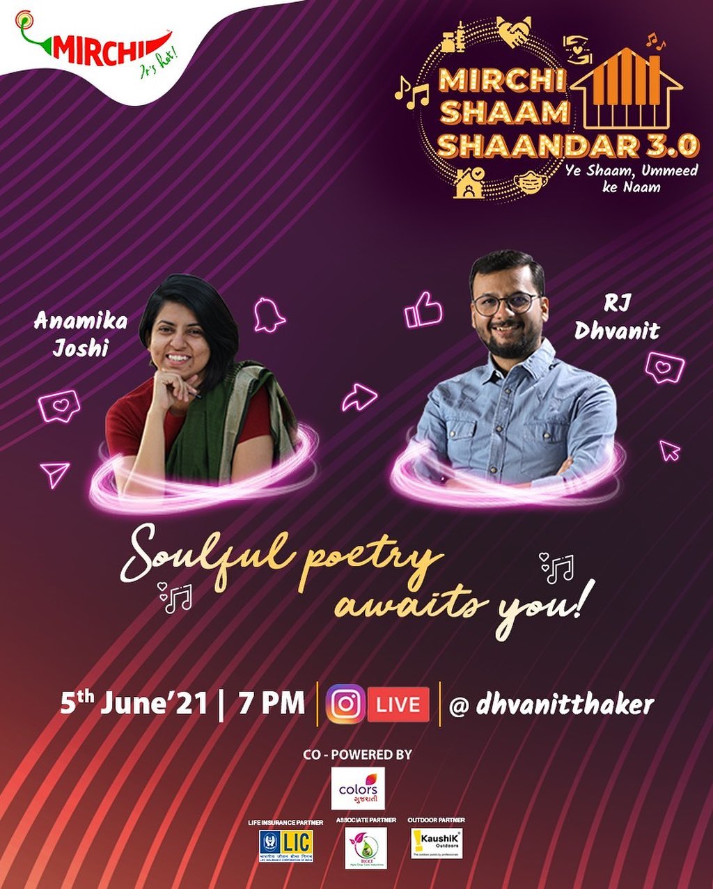 આજની સાંજ કવિતાઓને નામ...
.
.
RJ Dhvanit with Anamika Joshi @battokibakwaas 
.
Mirchi Shaam Shandar 3.0
Ye Shaam, Umeed ke Naam..

@colorsgujaratiofficial 
@licindiaforever 
@hytacropcare