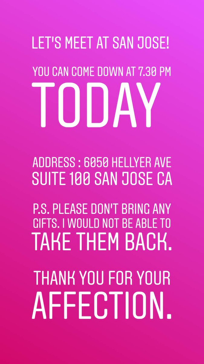 Let’s meet at San Hose! 
You can come down at 7.30 pm
Address : 6050 Hellyer ave suite 100 San Jose
P.S. Please don’t bring any gifts. I would not be able to take them back. 
#US #USdiaries #america #travel #traveldiaries #travelgram #sanfrancisco #sanjose https://t.co/9urjwf2VL9