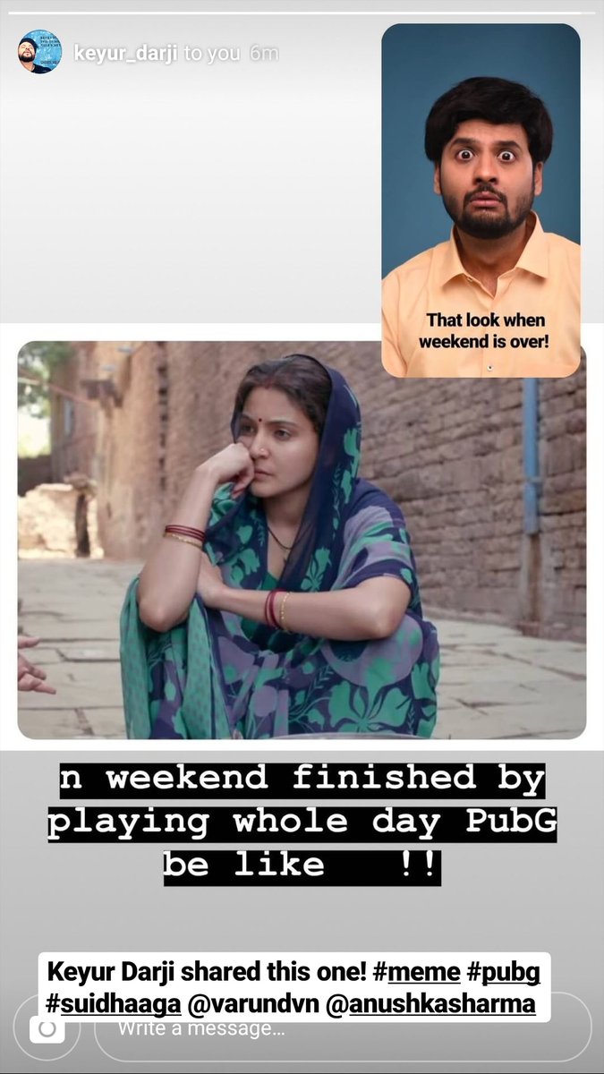 Keyur Darji shared this one with me.. When I uploaded the pic of my face when weekend is over! #suidhaaga #Memes #SuiDhaagaMadeInIndia #SuiDhaga #AnushkaSharma #VarunDhawan @AnushkaSharma @Varun_dvn https://t.co/bKPs2qMV5W