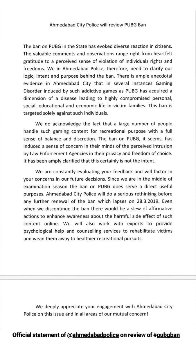 An official statement from @ahmedabadpolice on review of #pubg #ban

#pubgban #gujarat #ahmedabad #amdavad #game #mobile #mobilegame #ahmedabadpolice #review https://t.co/HextBCxGTT